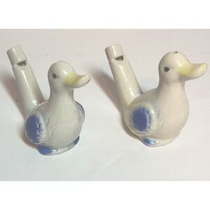 Ceramic Set of 2 Duck Water Whistle Toy Pastel White Blue Vtg